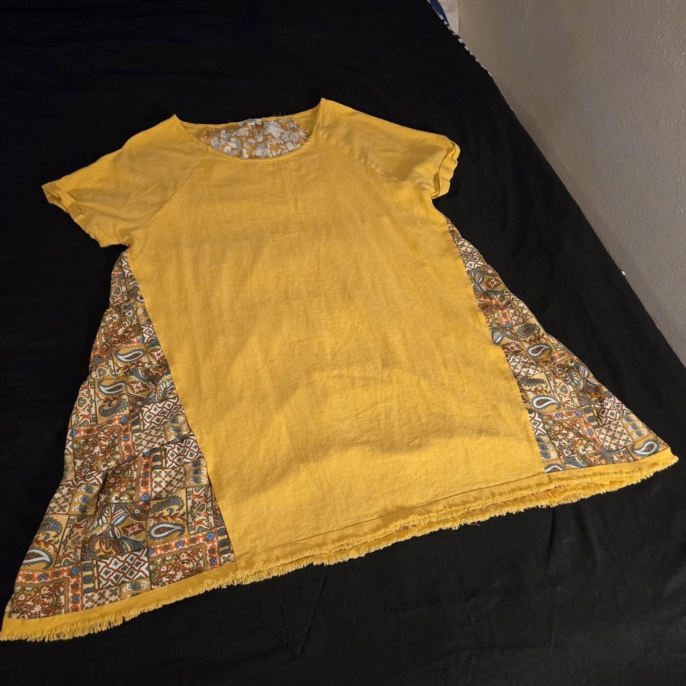 Umgee Dress Womens Large Yellow Patchwork Boho Trapeze Short Sleeve Fringe Hem